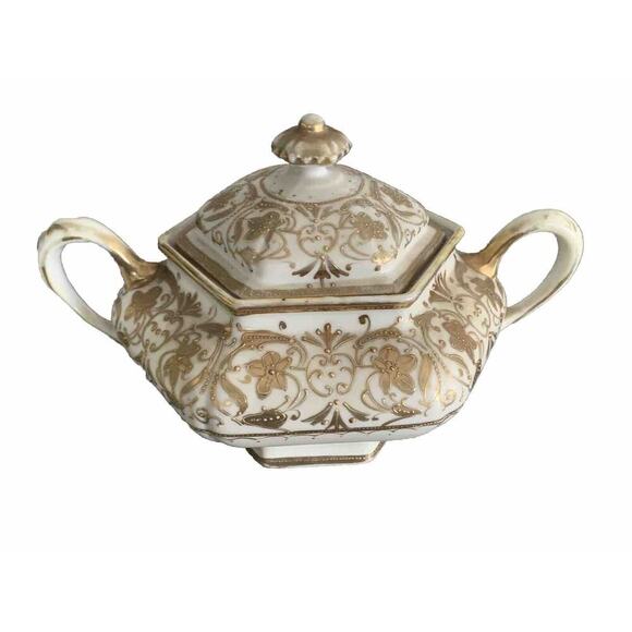 Vintage Nippon Gold Gilded Moriage Porcelain Hexagon Sugar Bowl Hand Painted Lid - Picture 1 of 14